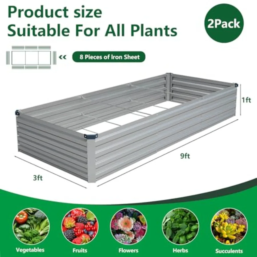 2 Pack 9x3x1FT Galvanized Raised Garden Bed Kit Outdoor Metal Planter Box for Vegetables Rectangular Steel Container Easy Assem