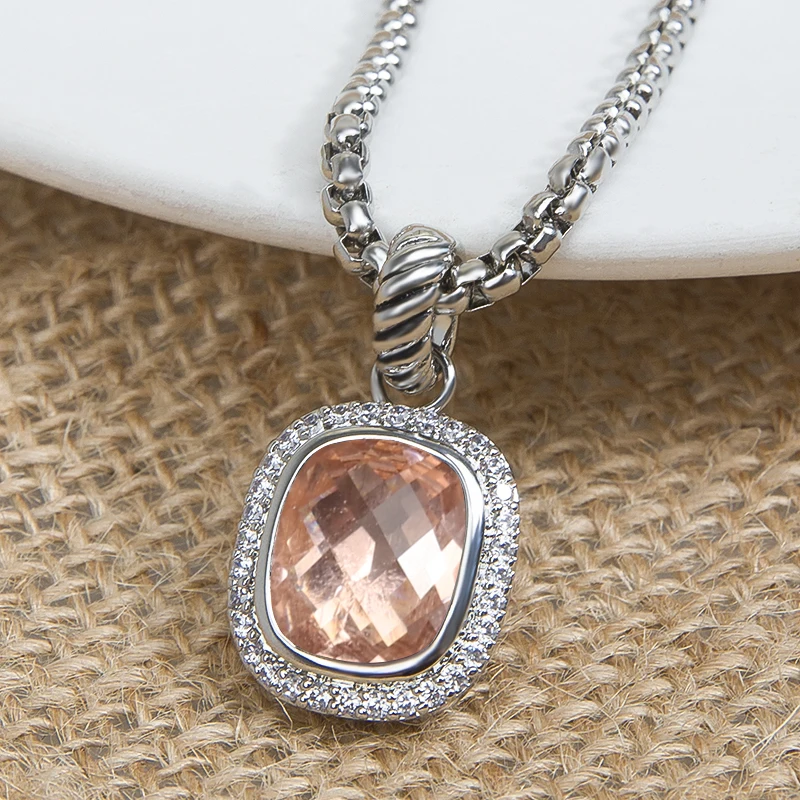 

12*10mm Sparkling Rectangular Morganite Color CZ Pendant Neckalce for Women Fashion White Gold Plated Brass Necklace Jewelry