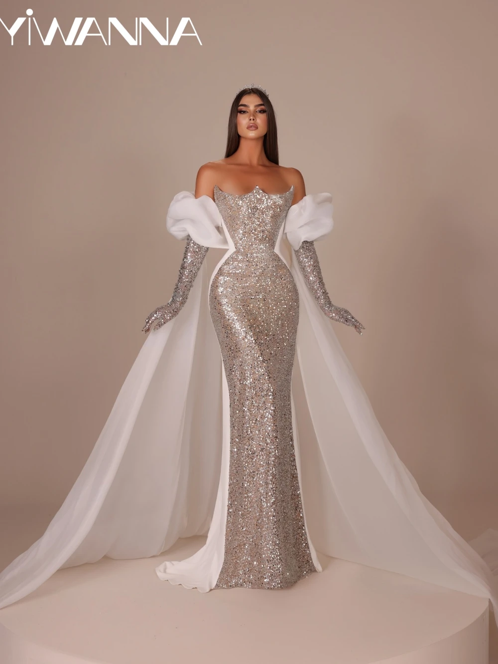 

New Arrival Sequined Mermaid Long Wedding Dress Without Gloves Elegant Strapless Bridal Gown Customized Dresses For Bride
