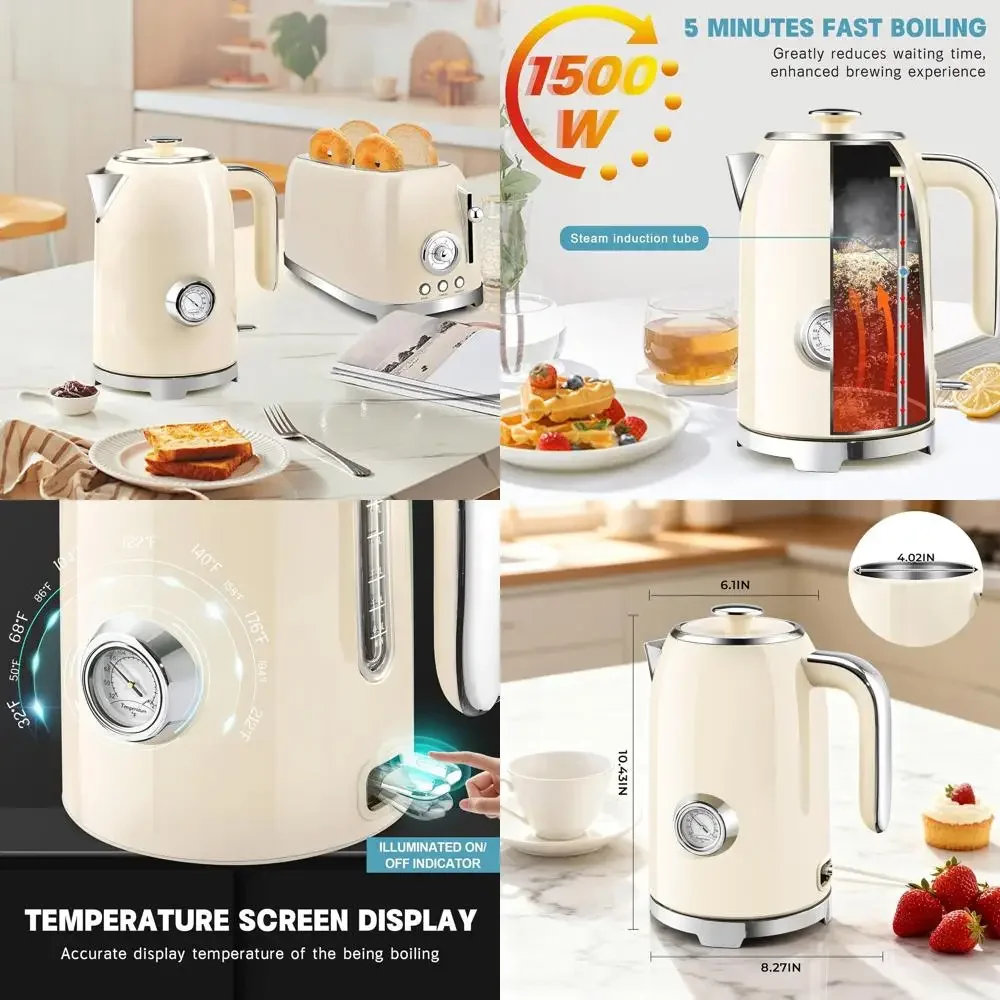 

1500W Stainless Steel Electric Kettle, 57oz Capacity, Thermometer, Fast Heating, Cordless, LED Indicator, Auto Shut-Off & Boil D