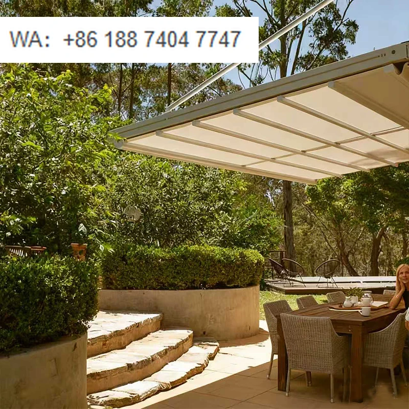 

Уличная водонепроницаемая электрическая садовая пергола с автоматическим складным телескопическим алюминиевым навесом, выдвижной ПВХ-крышей и дистанционным управлением для балкона