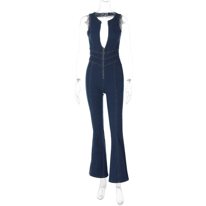 BoozRey Jumpsuit Bodycon potongan hati punggung terbuka untuk wanita pakaian One-Piece ramping tanpa lengan kasual Jumpsuit Denim Retro 2023 baru