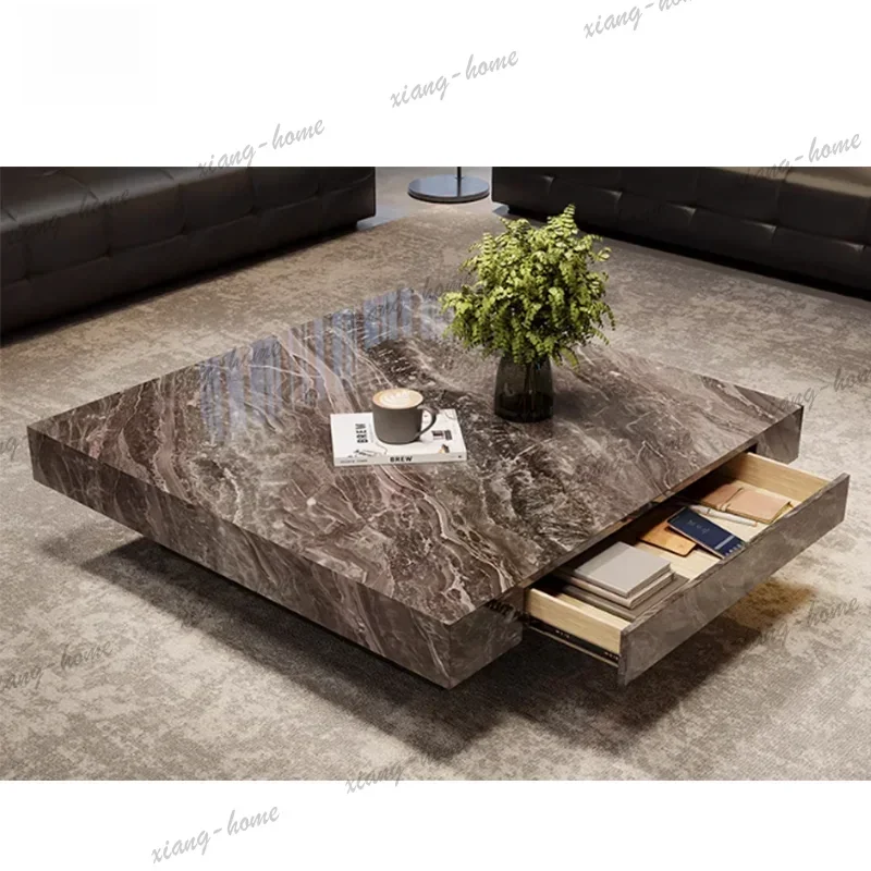 FG High Quality Luxury Square Floating Coffee Table, Natural Venice Brown Marble Top Minimalist Home Furniture For Living Room