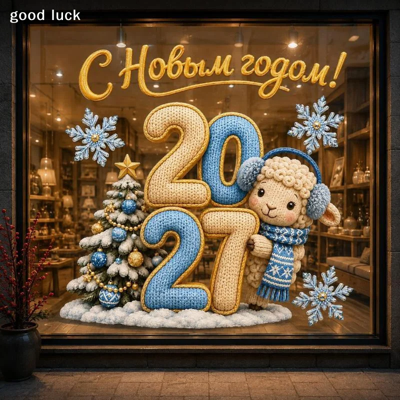 Answer2027 New Year Window Sticker Cute Knitted Sheep Snowflake Pattern Self Adhesive For Home Holiday Party Decorations
