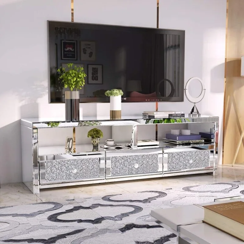 

Mirrored Crystal TV Stand Silver TV Console Table Tv Cabinet For Living Room Hotel Furniture