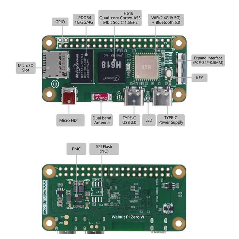 Hervorragend für Walnut Pi Zerow 2 GB Allwinner H618 Wifi Bluetooth Mini PC Development Board SBC Single Board Computer