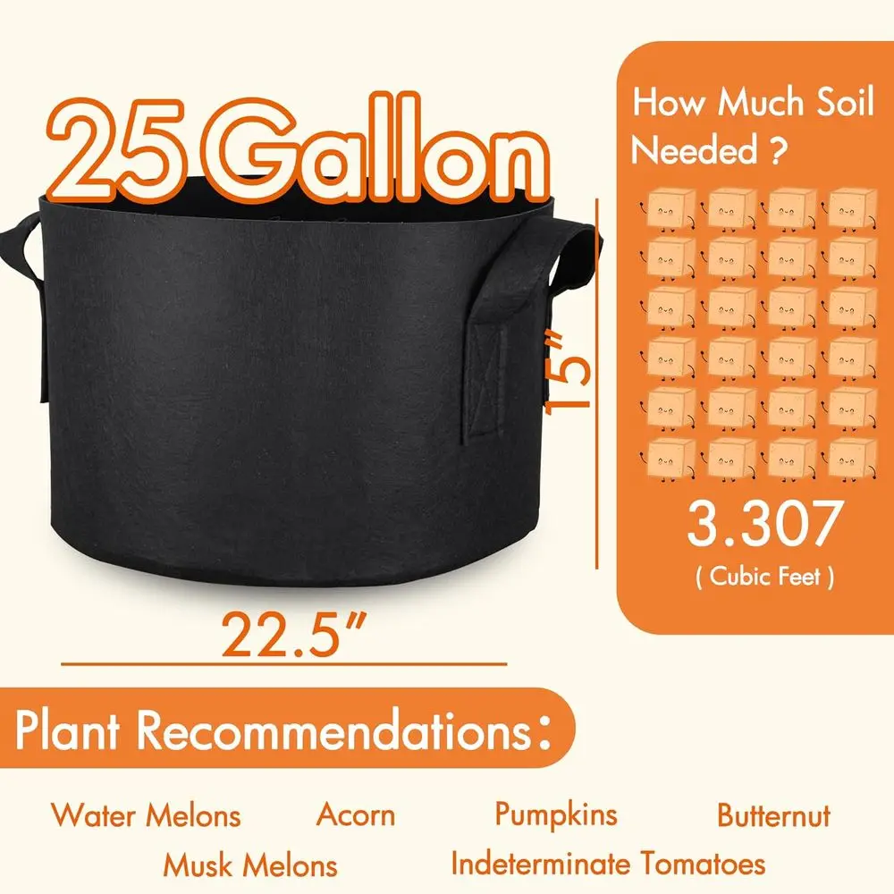 25 Gallon Grow Bags 6-Pack, 500G Thick Nonwoven Fabric Pots with Waterproof Liner & Breathable Bottom, Ideal for Hot Dry Climate