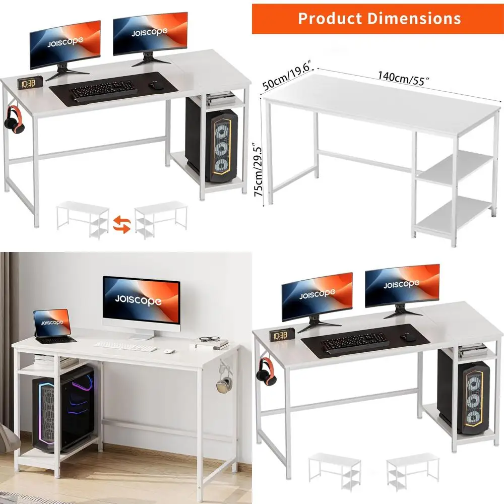

Home Office Desk with Double Reversible Side Shelves and Headphone Hooks, Computer Desk for Working, Gaming, Studying, 55 inches