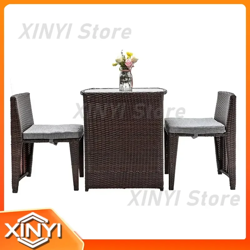 Outdoor Patio Furniture Set for Rattan Wicker Bistro Set for Glass Top Table 2 Chairs Space Saving Design Brown for Small