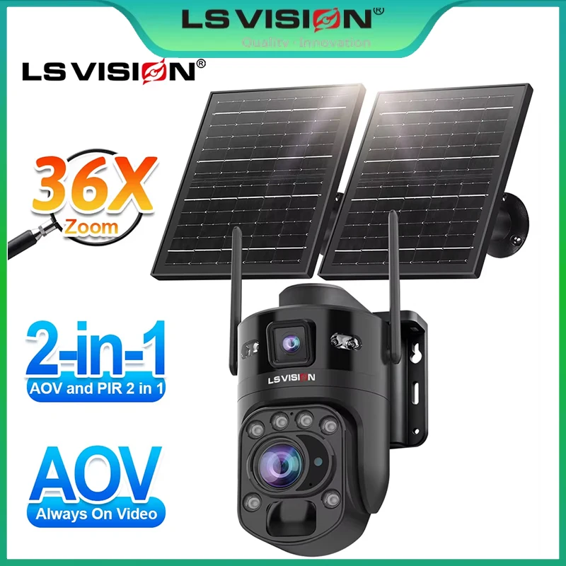 LS VISION Outdoor Home Surveillance Cameras 10MP Dual-lens Dual-screen AOV Solar Powered Battery PTZ Camera Wifi Security Camera