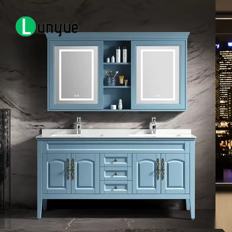 Solid Wood Bathroom Cabinet with Ceramic Basin Smart Mirror European Floor Standing Vanity Soft Closing Doors Modern Home