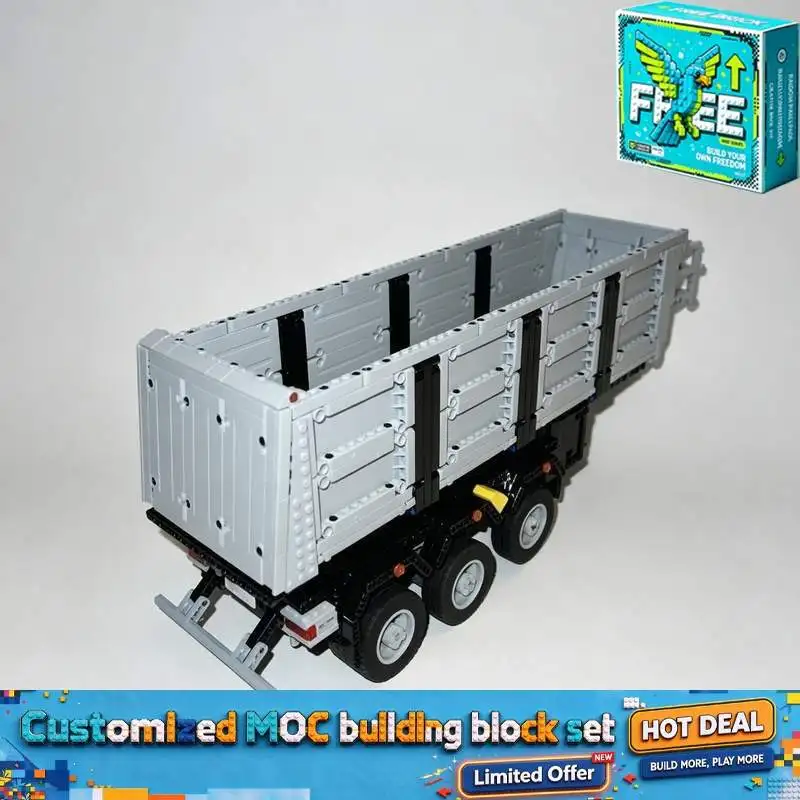 1964PCS Grey Three Axle Tipper Semi Trailer MOC Building Blocks Model Transport Creative DIY Assembly Gift for Boys Birthday