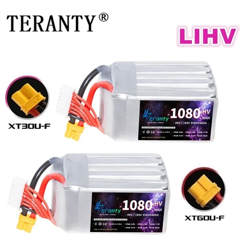 

2PCS TERANTY HV 6S Battery 1080mAh 6S 22.8V 80C LiHV Lipo Battery XT30 XT60 Plug For Racing Car RC Drone Helicopter Aircraft FPV