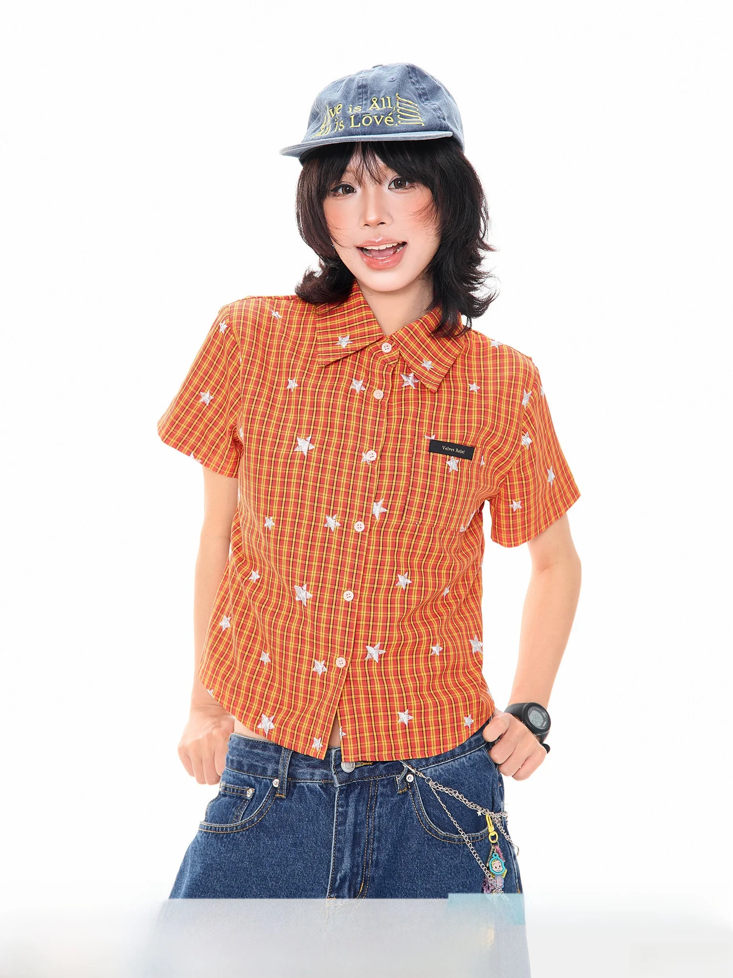 

MKGO American Retro Orange Plaid ort Sve Embroidered Slim Fit ort irt Women Summer Star Embroidery oulder Length Top