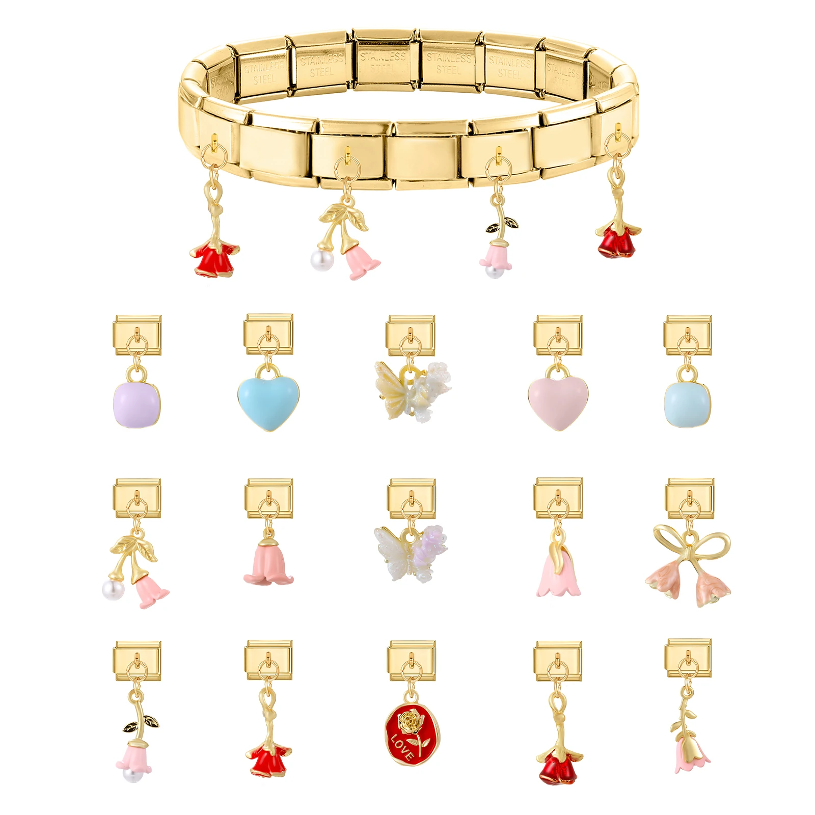 

Fashion Butterfly Rose Flowers Pearl Heart Golden Pendant Italian Charm Links Fit 9MM Stainless Steel Bracelet Women DIY Making