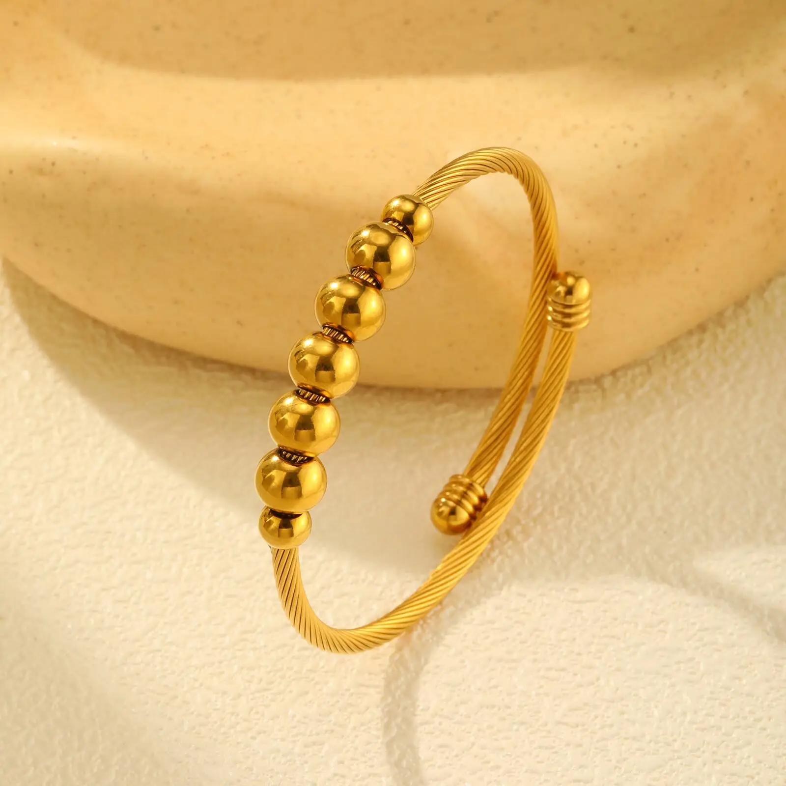 

Stainless Steel Twisted Cable Cuff Bangle Bracelet for Women with Ball Beads Charms Elastic Adjustable Wire Wrap Wristband