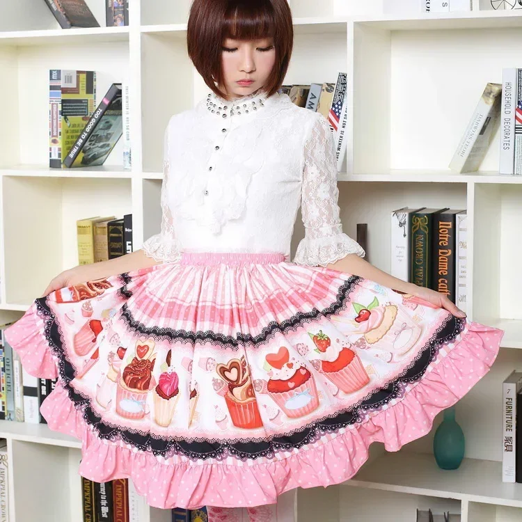 แฟนซี Mori สาวกระโปรงสั้นสีชมพูหวานถ้วยเค้กพิมพ์ Lolita จีบกระโปรง