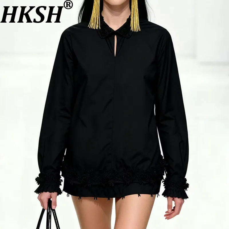

HKSH Spring Autumn New Women's Shirt Turn-down Collar Three-dimensional Flower Long Sleeve Tide Blouse Elegant Chic Tops HK15705
