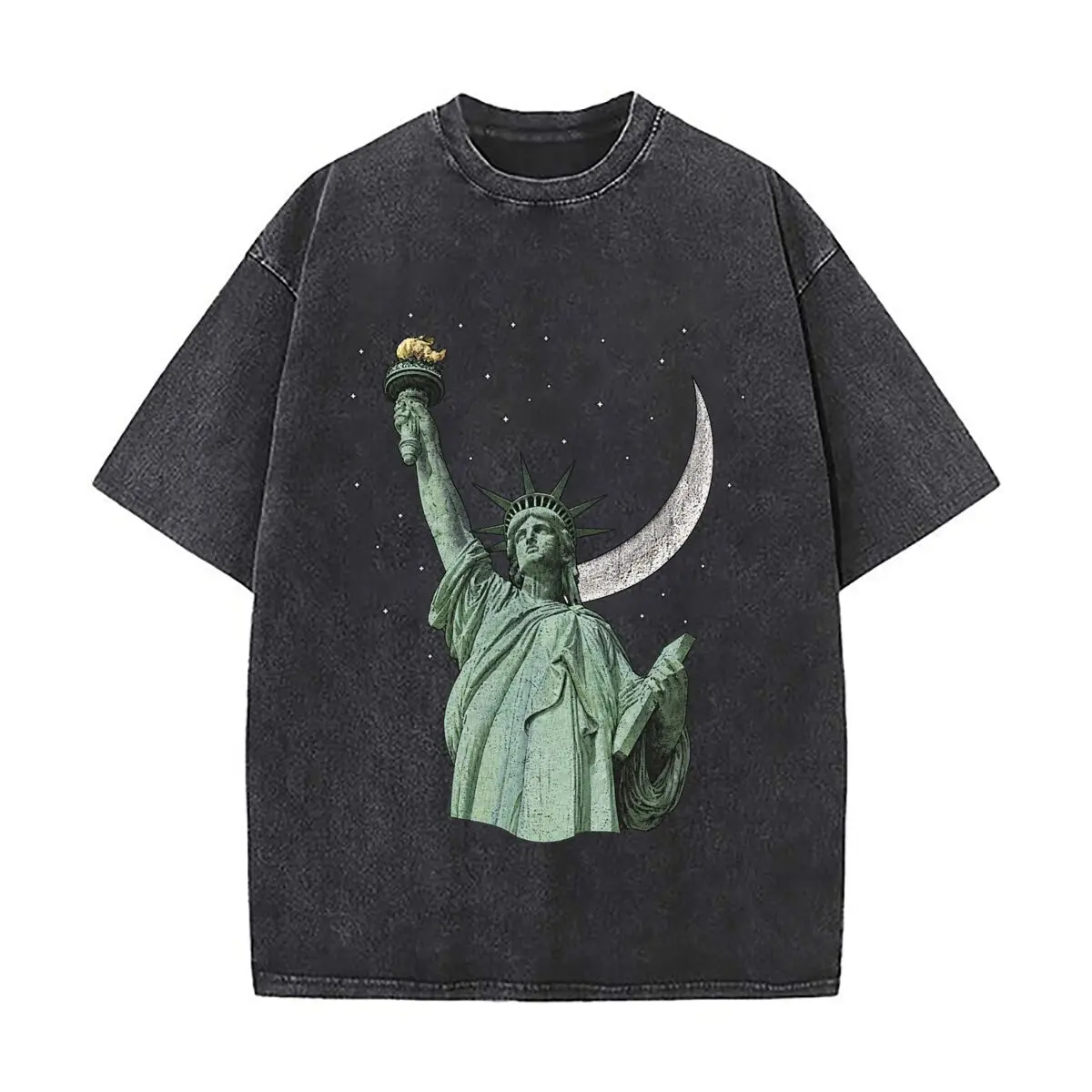 Statue Of Liberty Crescent Moon Starry Sky Illustration Distressed Faded Baggy Streetwear Tops for Park Hangouts