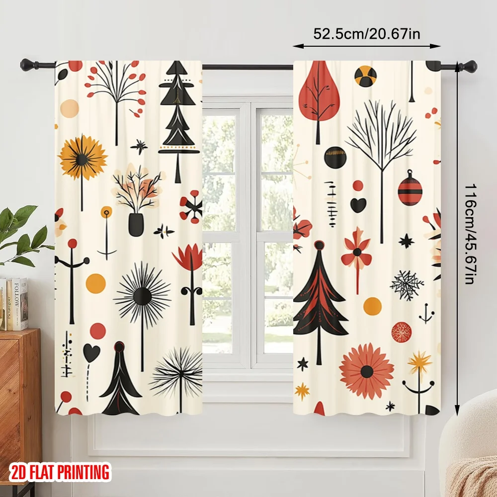 2pcs,2D plane printing Window Curtain Christmas Tree Snowflakes Flowers (3) Versatile Polyester (without rod) Decorations For