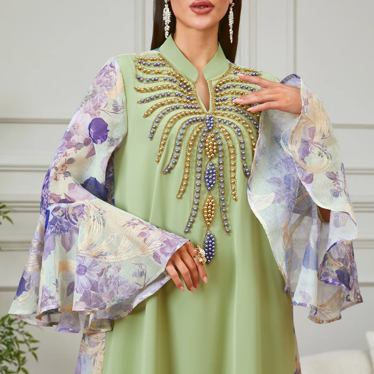 

Moroccan Dubai Beads Embroidery Jalabiya Abaya Muslim Woman Dress Flare Sleeve Turkey Kaftan Islam Clothing Musulmane Robe Gown