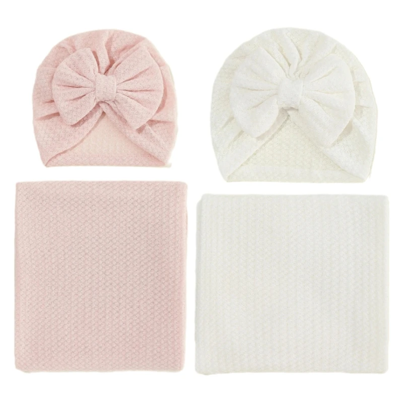 2Pcs Baby Receiving Blanket Toddlers Throw Soft Swaddles Wrap with Breathable Turban Hat Elastic Bonnet for Infants