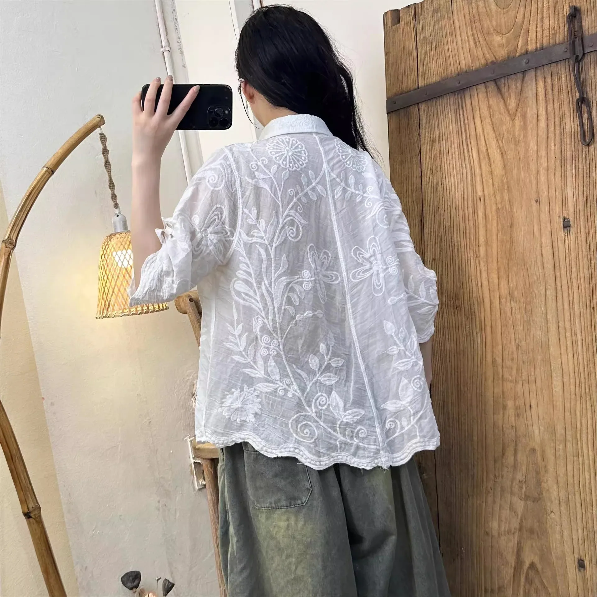 New Summer Cotton Half Sleeve Shirt Turn-down Collar Embroidery Tops Girl Casual Loose Fashion OL Blouse 2024 Autumn T47136QM