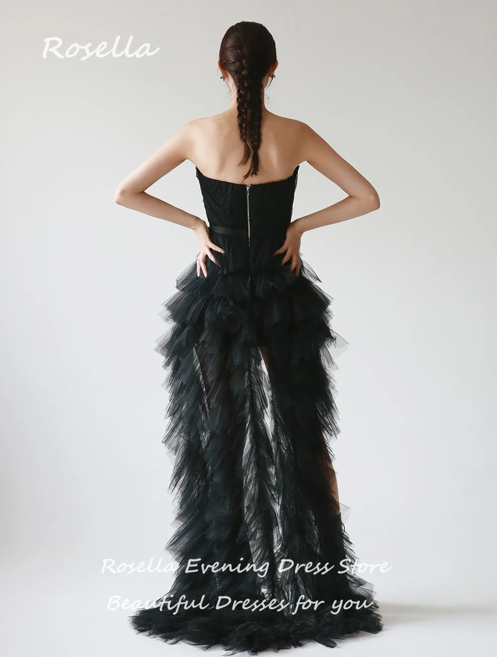 ROSELLA Black Tulle Sweetheart Women Party Dresses Tiered Mini A Line Female Sweep TrainCocktail Party Prom Gown Korean New 2023