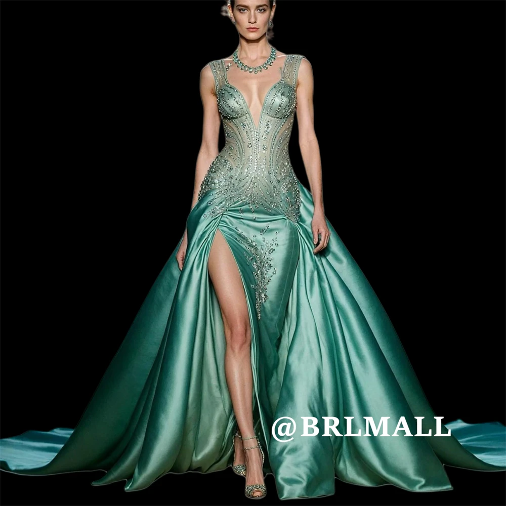 

BRLMALL Sexy Beaded Formal Evening Dress for Women 2025 Tank Sleeves Satin Prom Dresses Appliques Long Party Gown Customized