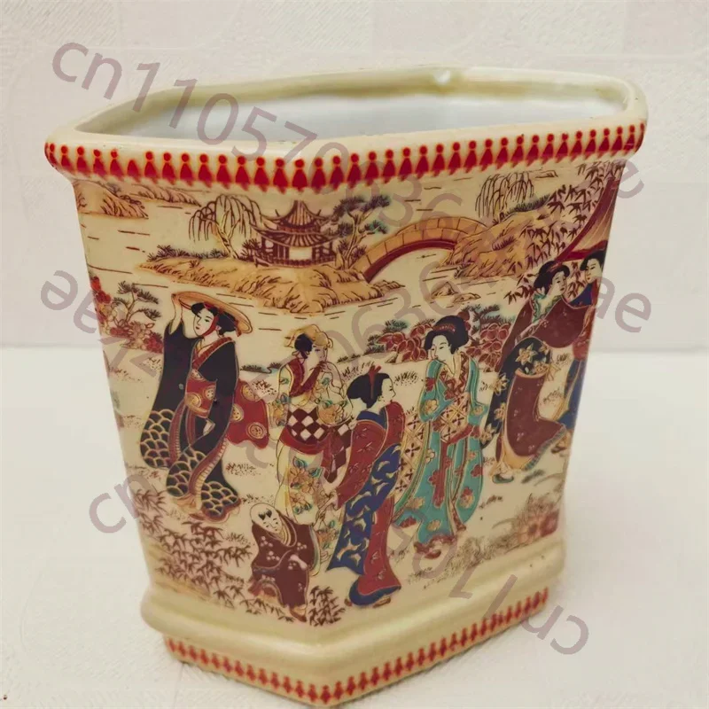 Chinese Old Pink Porcelain Hexagonal Pen Holder Vase with Japanese Ladies Pattern Antique Decorative Office Supply