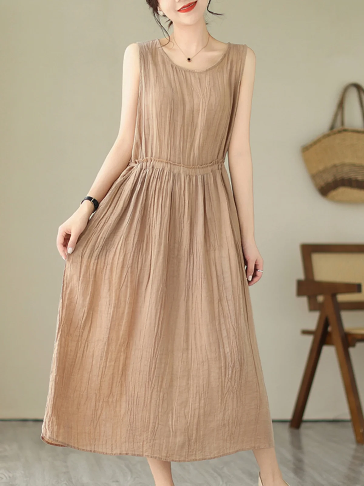 Women's Cotton Linen Tank Top Long Skirt Slimming Waist A-Line Dress Vintage Style round Neck Sleeveless Mid-Length Skirt