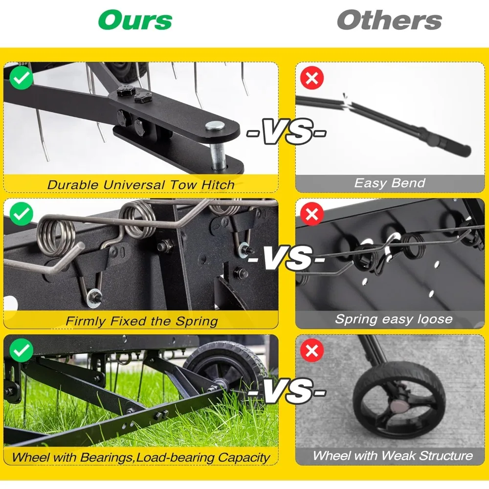 48インチ牽引式デスカッチャー、24本のスプリングスチール製タイン付き、芝生掃除機、ガーデン草刈りトラクターレーキ、大型芝生から雑草を取り除きます