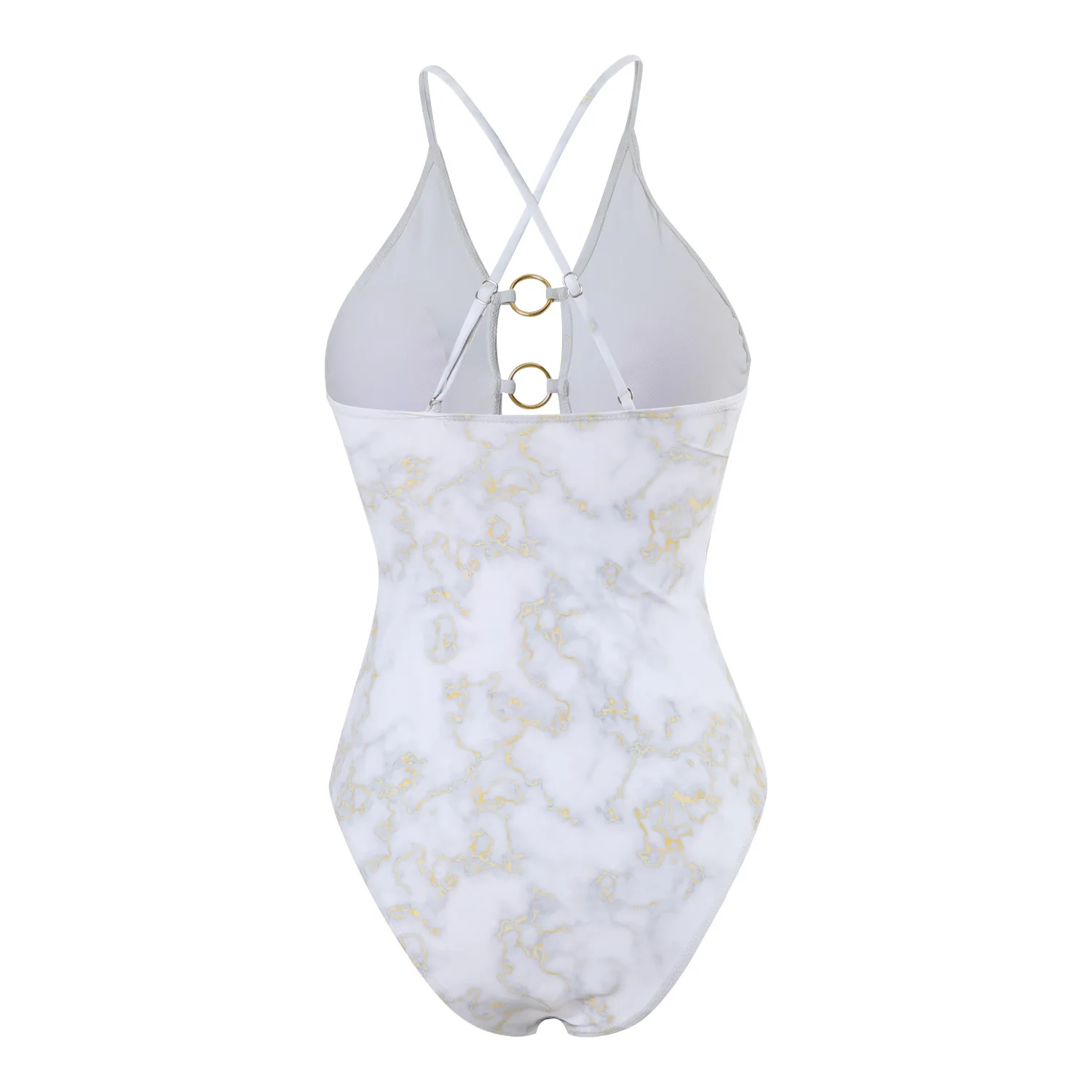 Marble Print Crisscross One Piece Swimsuit for Women 2025 Gold Ring Tummy Control Swimsuit Push Up Bathing Suit Beach Vacation
