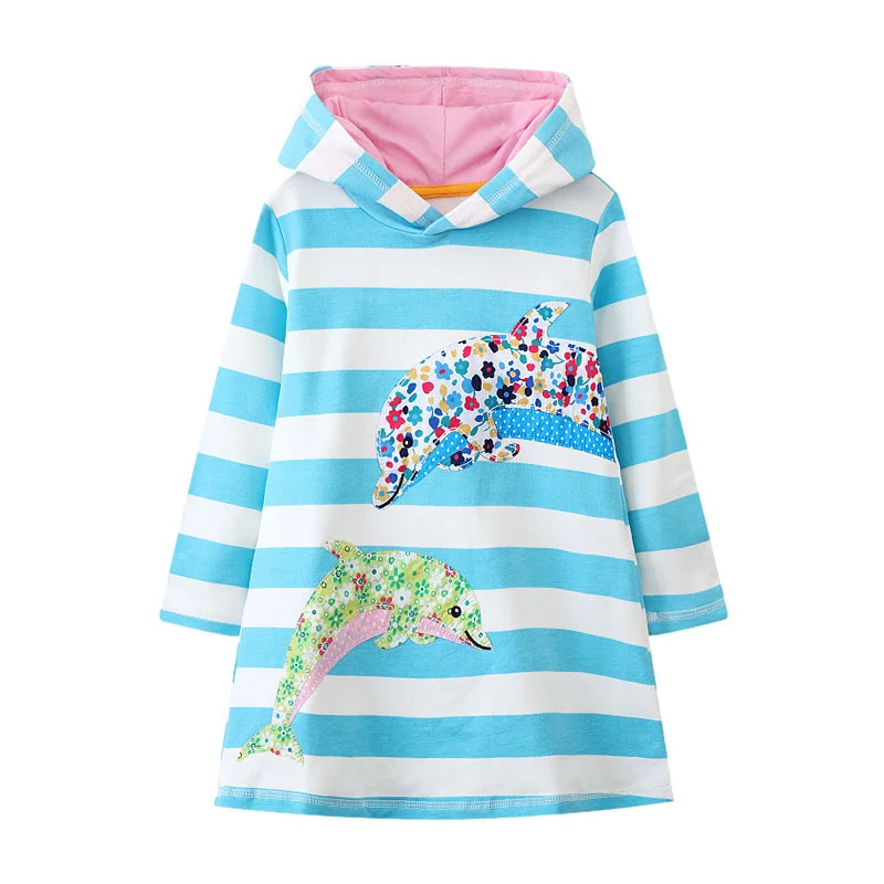 Jumping Meters 2-7T New Animals Applique Princess Hooded Dress for Autumn Winter Stripe Fashion Children Cotton Clothing Baby