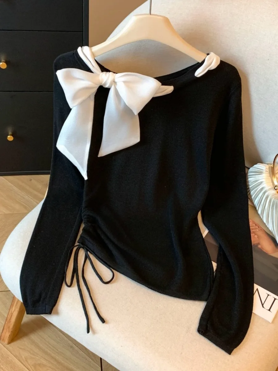 Nó amarrado longo sve malha arco feminino fino ajuste superior dstring cintura design início do outono faion sense irt