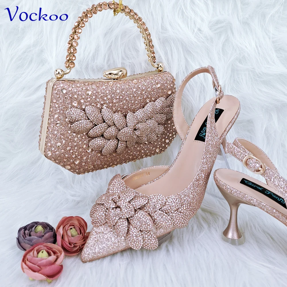 2024 Atumn Winter New Arrivals Italian Women Shoes and Bag Set in Peach Color Decorate with Rhinestone Pumps for Party