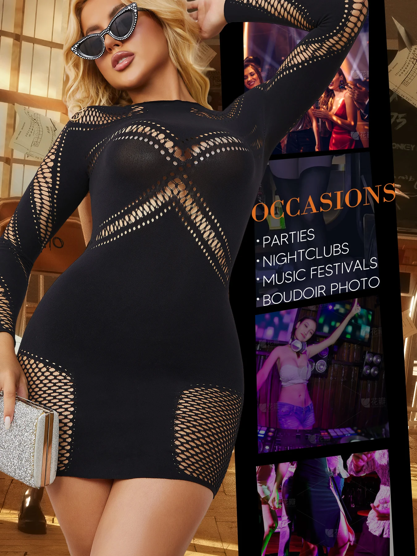 여성 섹시 클럽 미니 드레스 레이스 베이비돌 하이넥 긴팔 컷아웃 숏 바디콘 드레스