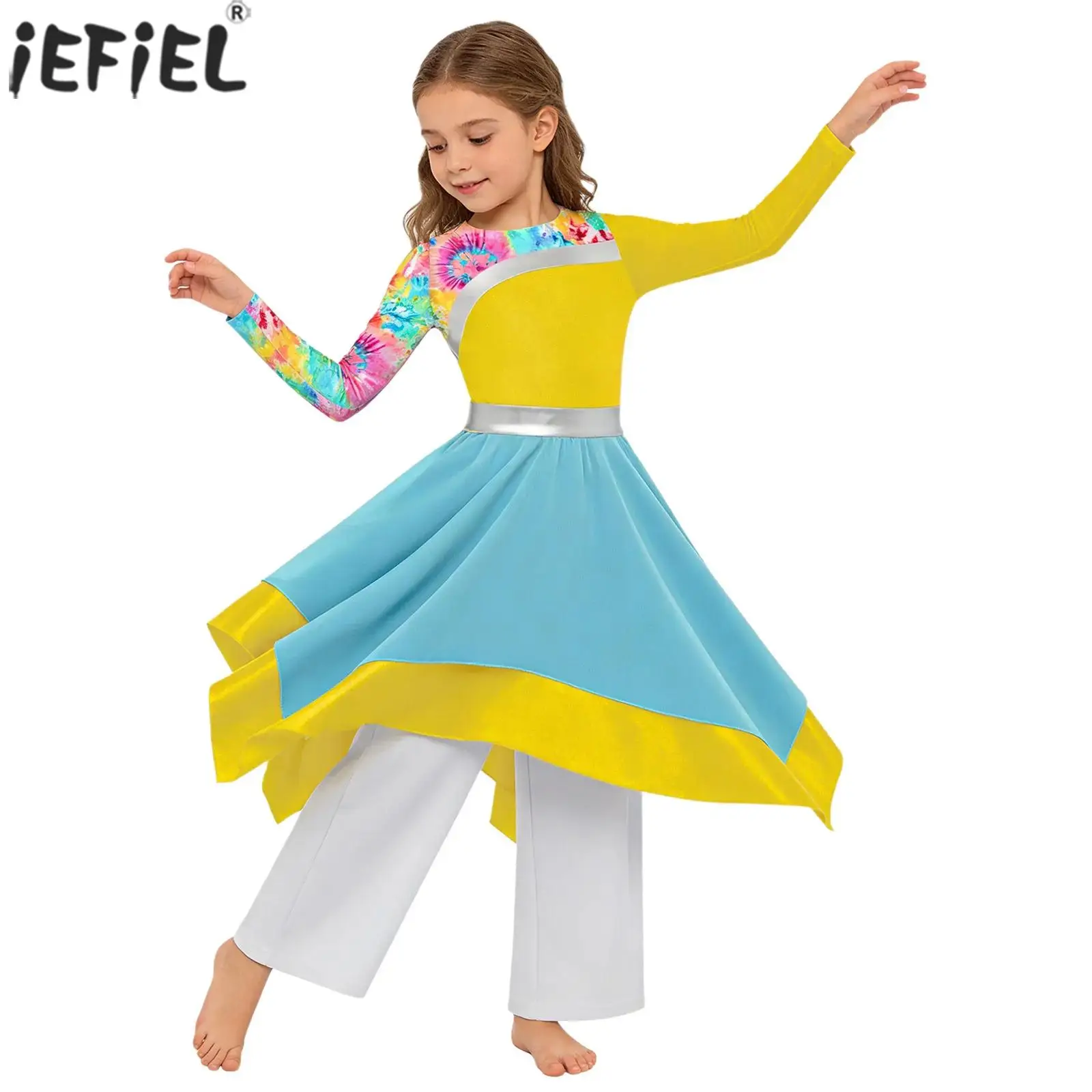 Kids Girls Worship Liturgical Praise Dance Tunic Dress Church Choir Lyrical Outfit Long Sleeve Printed Dress with Wide-Leg Pants