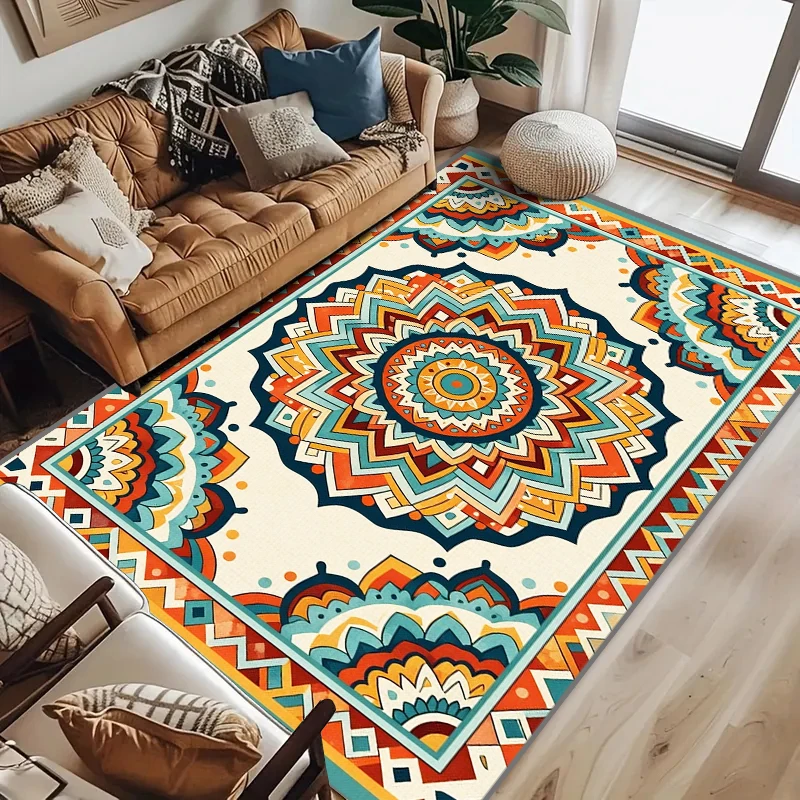 RAKKS 컨템포러리 보헤미안 러그 - 부드러운 크리스탈 벨벳 표면, 만다라 디자인, 거실 및 침실 홈 데코용 로우파일 매트