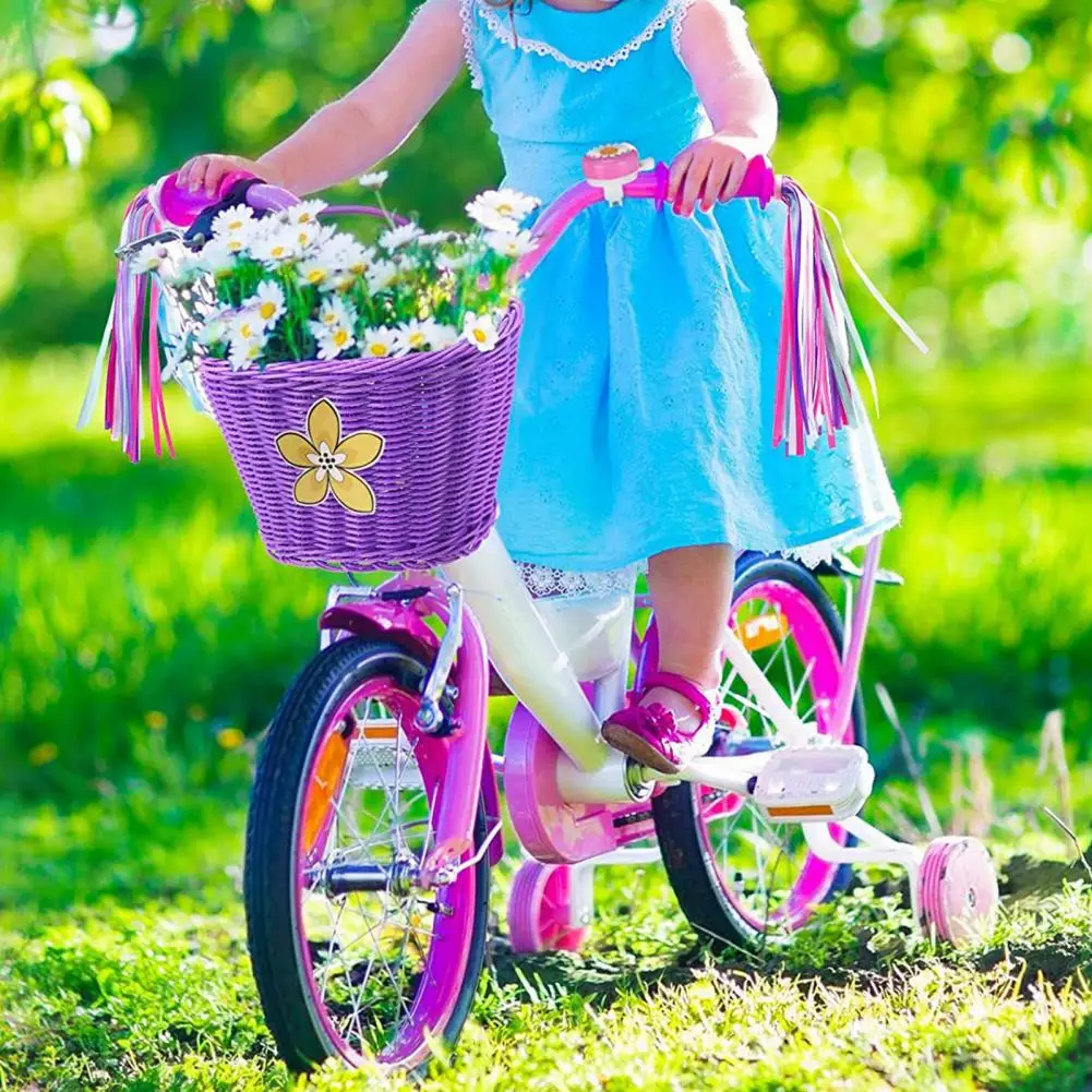 

Kids Bicycle Basket with Bell Tassel Stickers Set Detachable Cute Sturdy with 14/16 Inch Bike Hanging Basket Cycling Basket