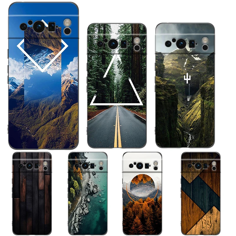 Phone Case For Google Pixel 9 8 8A 7 7A 6 Pro XL 6A 5G Black Soft Shockproof Back Cover TPU Shell Forest Geometry Wood