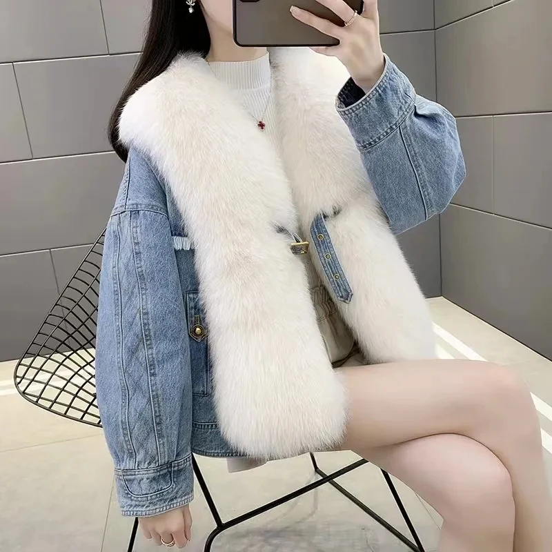 Down Denim Jacket for Women, Big Fur Collar, Pai Overcome, Faux Fox Fur, High-End, Loose Denim Jacket, Winter Coat, New, 2023