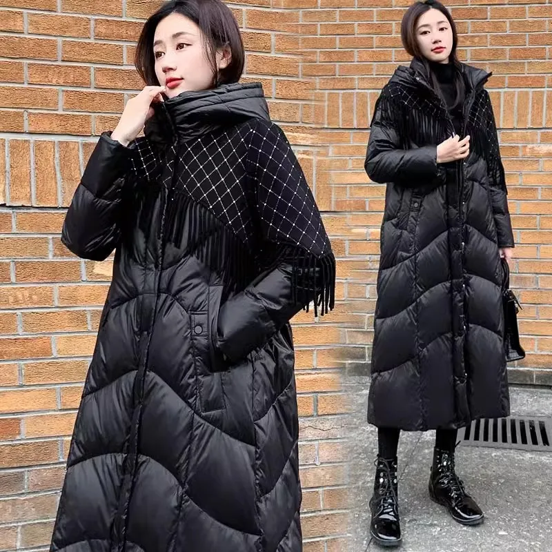 

2024 New Winter Down Coat Womens Long Warm Puffer Parkas Chic Plaid Tassel Splice Down Jacket Black Women Hooded Down Overcoat