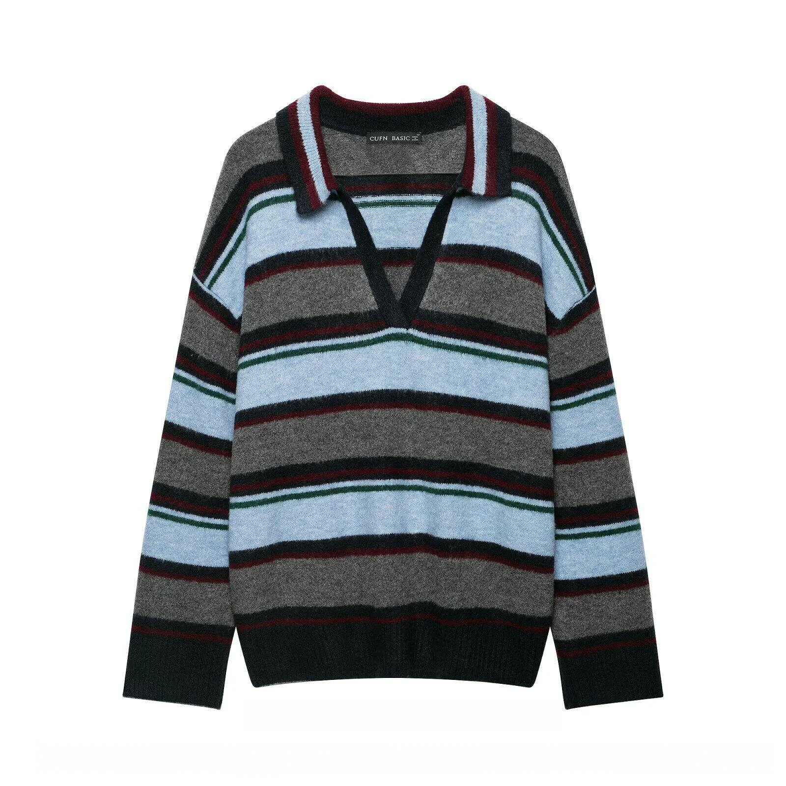 Fashionable Casual Striped V-Neck Long Sleeve Women's  Shirt New Arrival Autumn 2026 Color Block Knitted Sweater