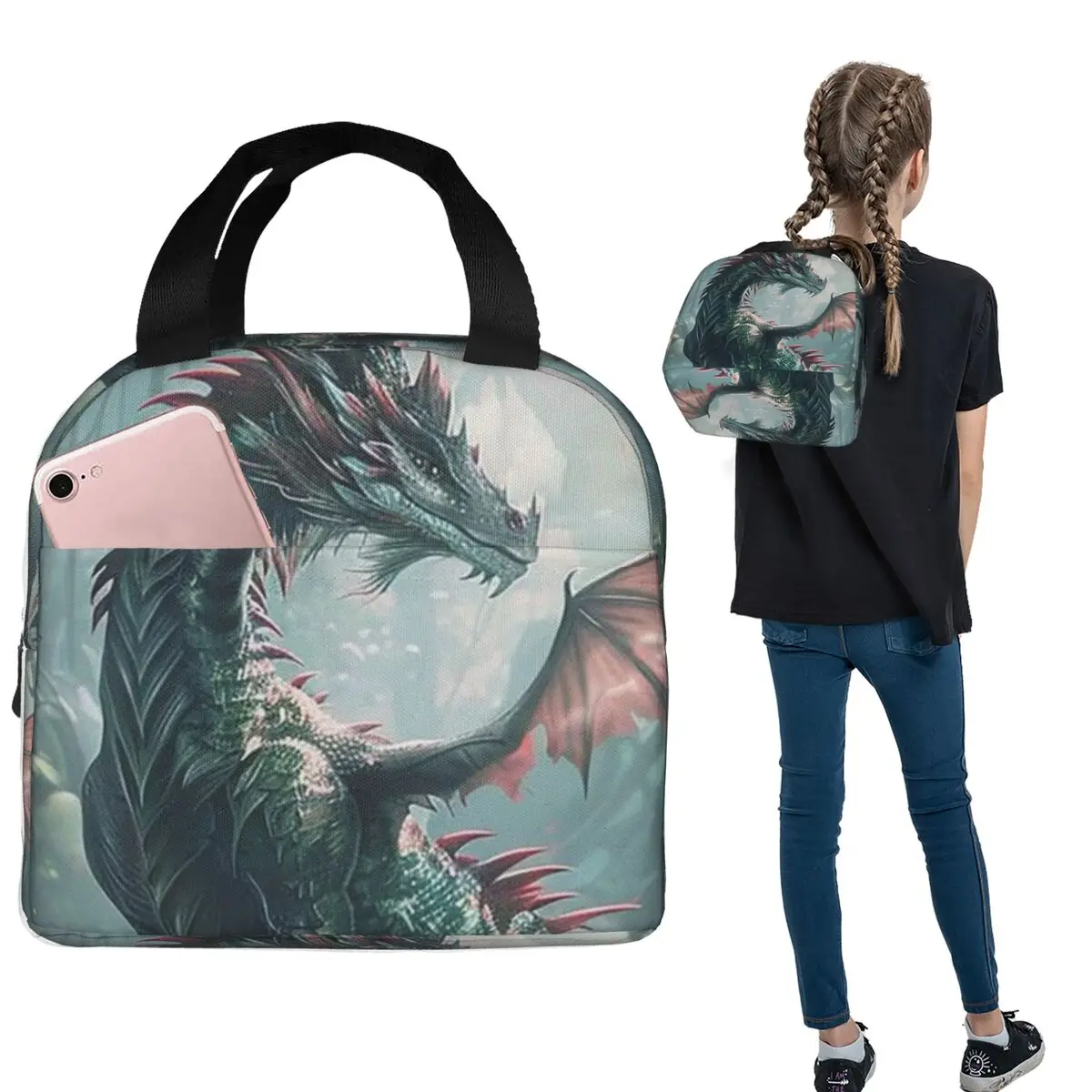 Green Dragon In The Forest Insulated Lunch Bag for Women Kids Portable Food Boxes Thermal Lunch Box Tote
