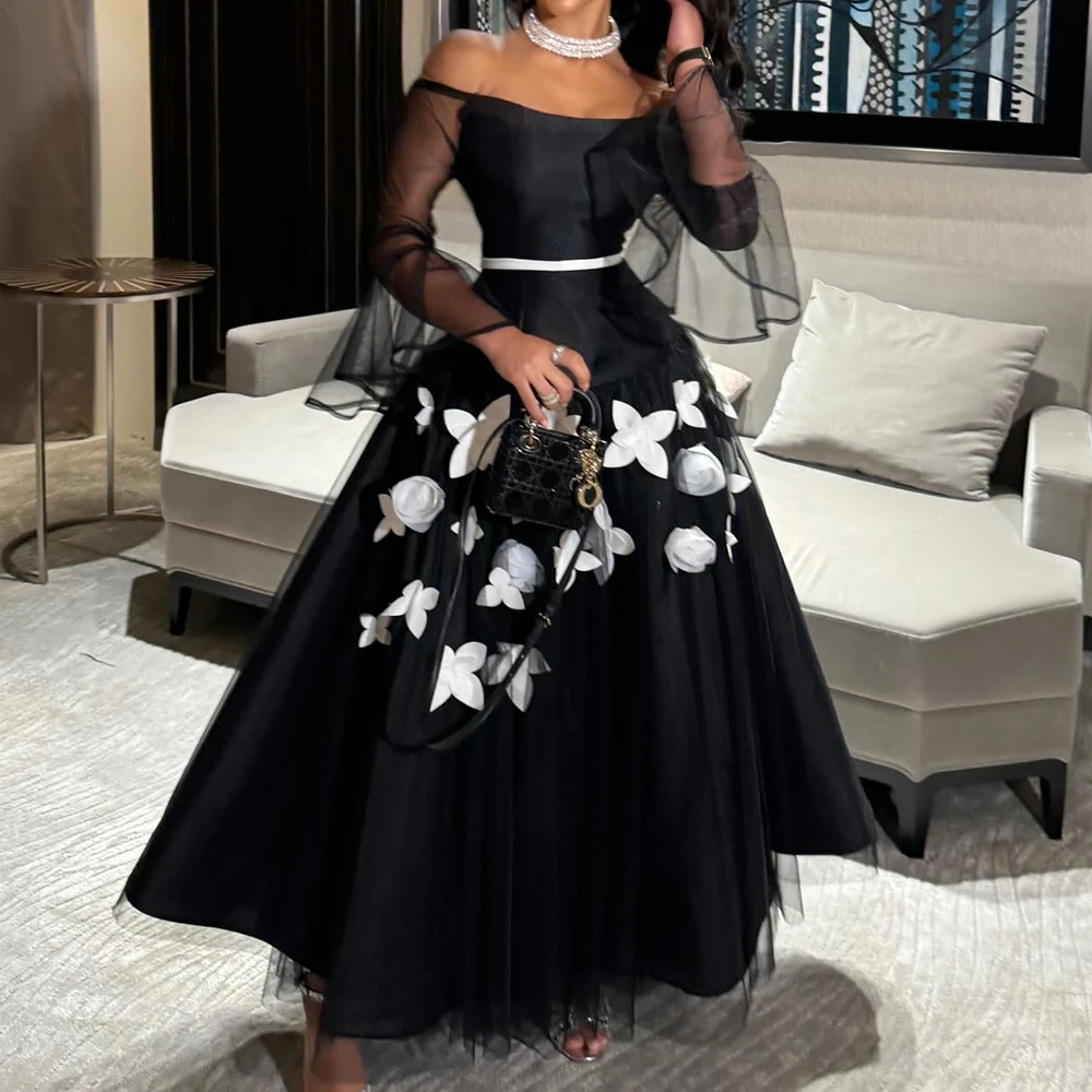 

Exquisite Pleats Appliques Flowers Ankle Length Evening Dresses Graceful A-Line Off the Shoulder Satin Long Sleeves Party Gowns