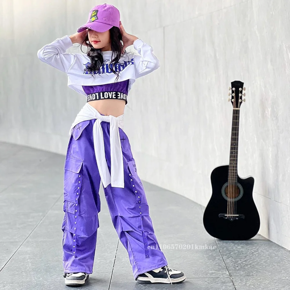 Moda Hip Hop para Meninas, Top Cropped K-pop, Calças Cargo Roxas, Roupas de Dança de Rua para Crianças, Conjuntos de Roupas de Jazz para Jovens