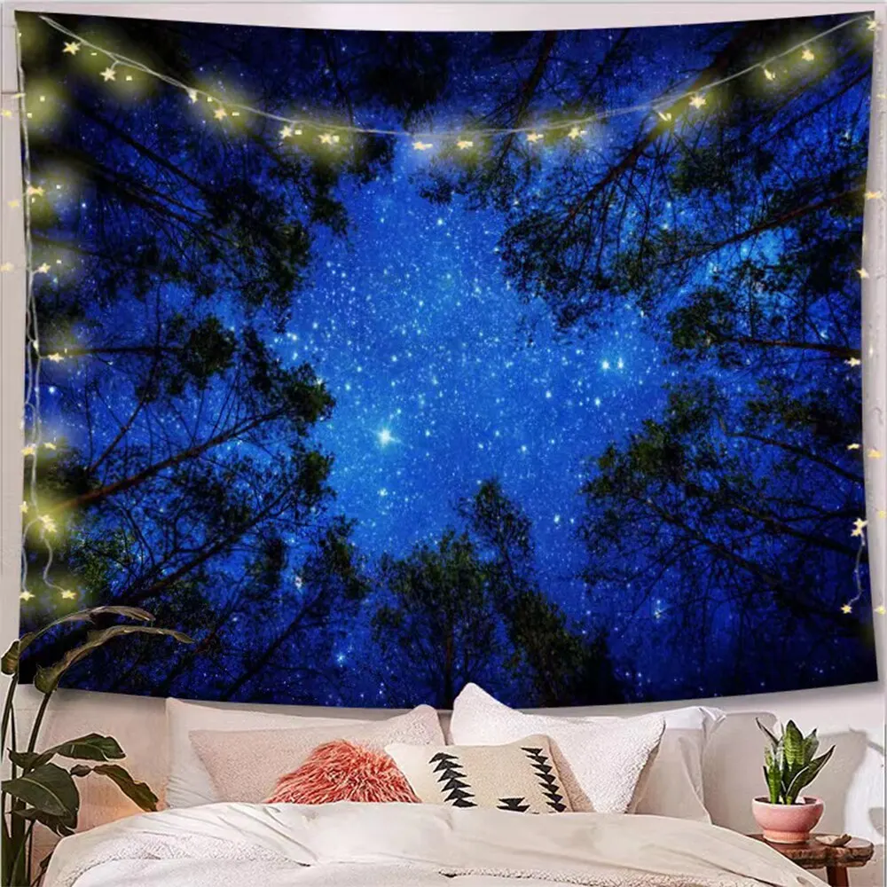 1 Piece Blue Forest Night View Starry Sky Living Room Bedroom Background Decoration Minimalist Style Home Forest Style Tapestry