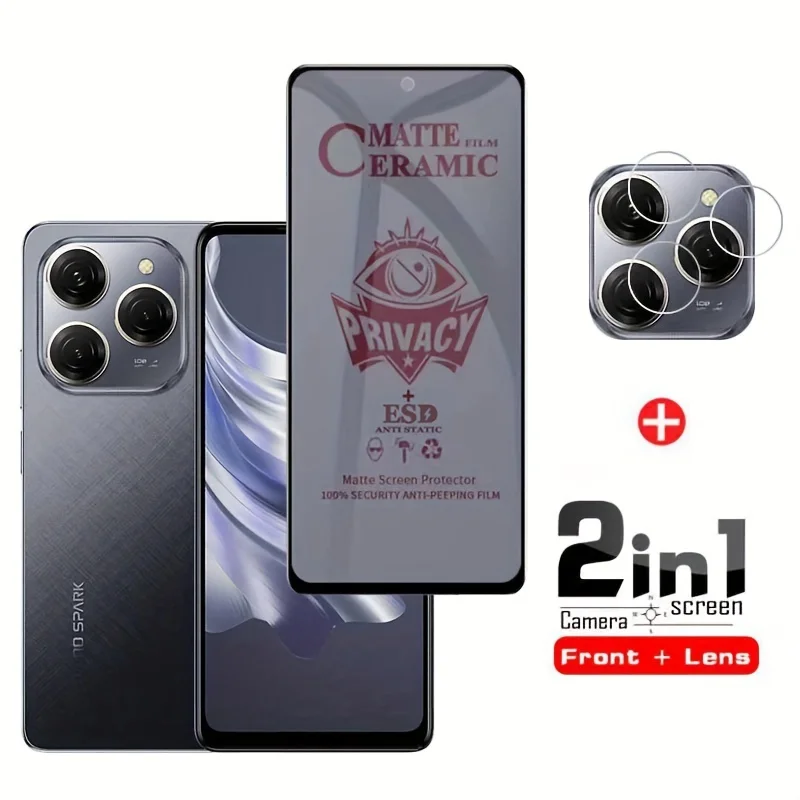 2-in-1 for Tecno Spark 20 Series Anti-Spy Privacy Screen Protector and Camera Lens Film Front Screen and Lens Protection
