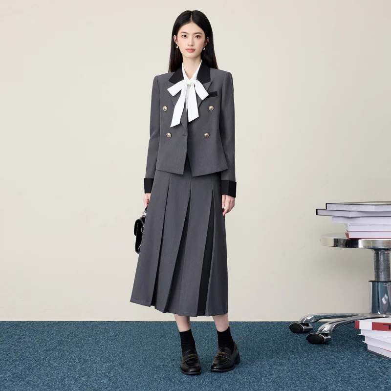 Gray suit set for female college students, formal attire for interviews and presentations, short professional blazer for petite